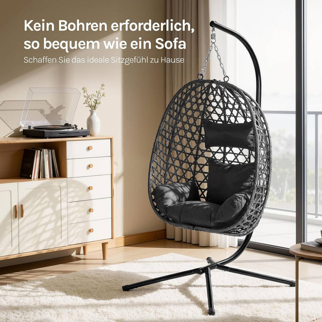 24goodz Hanging Chair with Frame - High Load Capacity - Adjustable Height - PE Rattan - For Indoor and Outdoor Use - Black/Grey