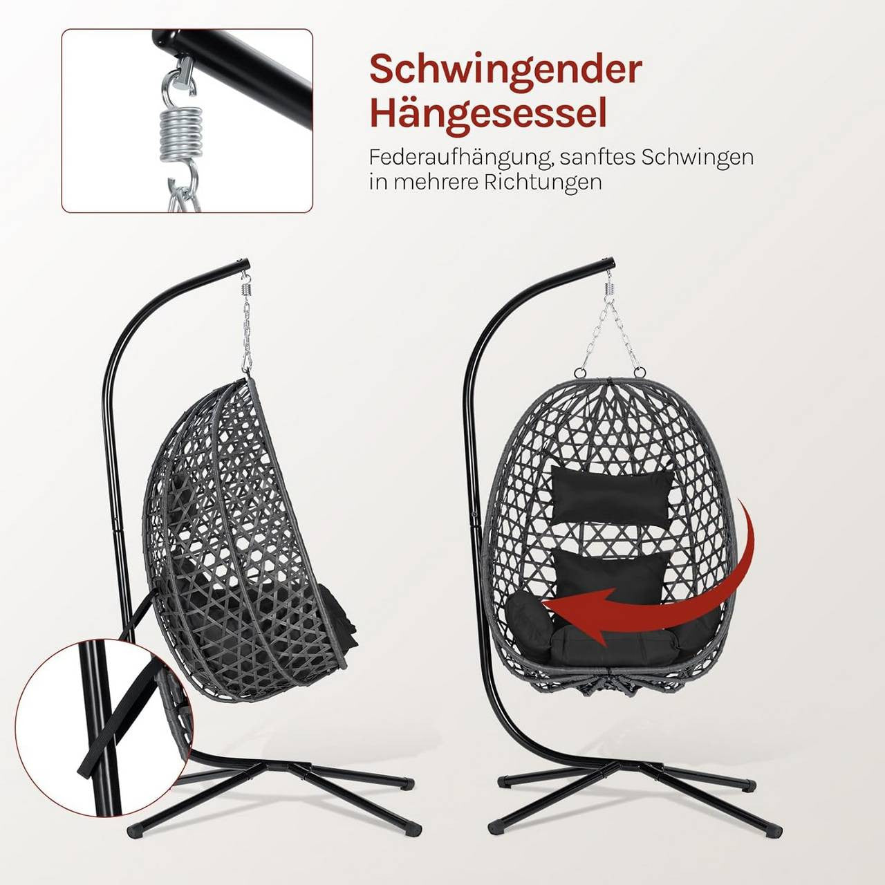 24goodz Hanging Chair with Frame - High Load Capacity - Adjustable Height - PE Rattan - For Indoor and Outdoor Use - Black/Grey