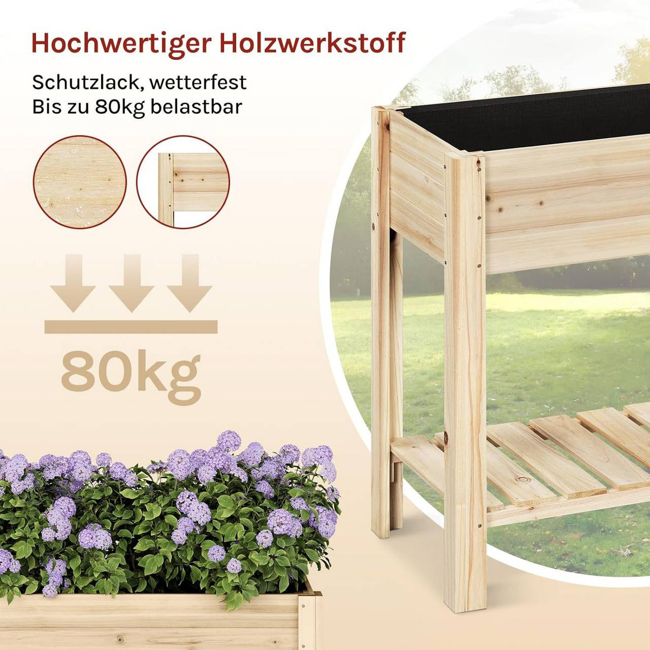 24goodz Raised Wooden Garden Bed - Weatherproof & Moisture Resistant - Pine Wood - For Garden Enthusiasts - Brown/Wood Colour - 80 x 75 x 40 cm