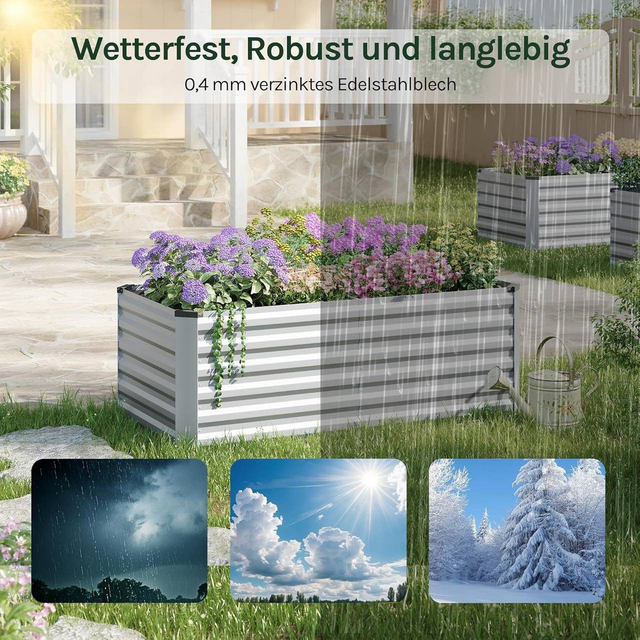24goodz Raised Garden Bed - Durable Galvanized Steel - Ergonomic Design - 160 x 56 x 80 cm - Silver
