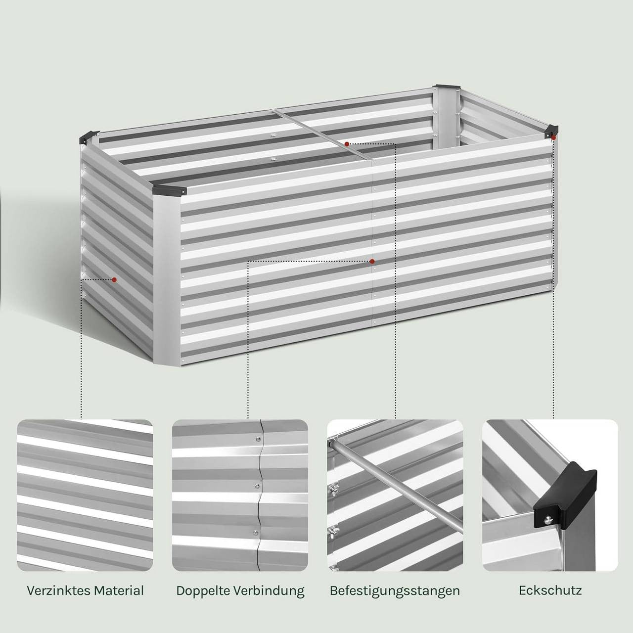 24goodz Raised Garden Bed - Durable Galvanized Steel - Ergonomic Design - 160 x 56 x 80 cm - Silver