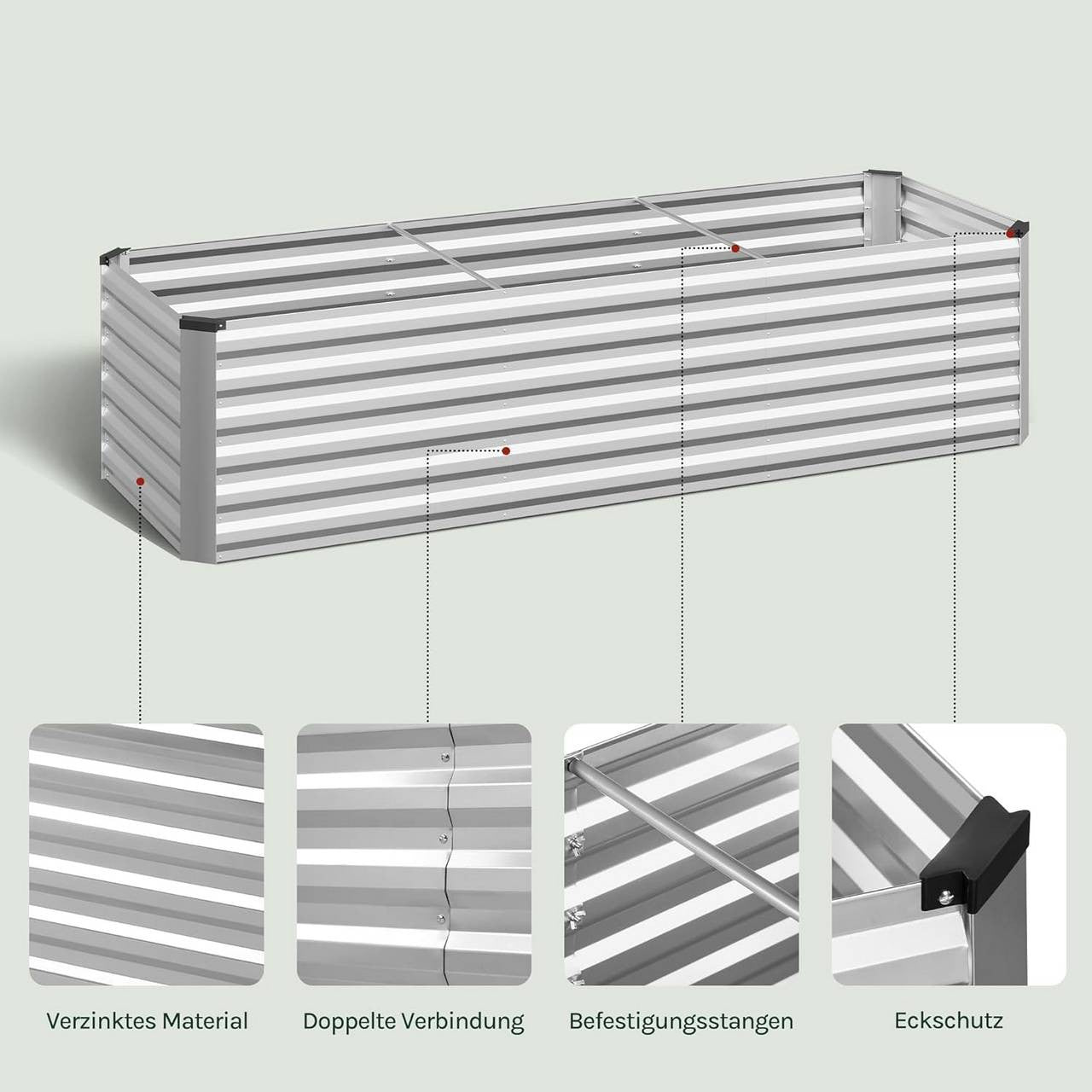 24goodz Raised Garden Bed - Durable Galvanized Steel - Ergonomic Design - Galvanized Steel - For Garden Lovers - 238 x 56 x 80 cm
