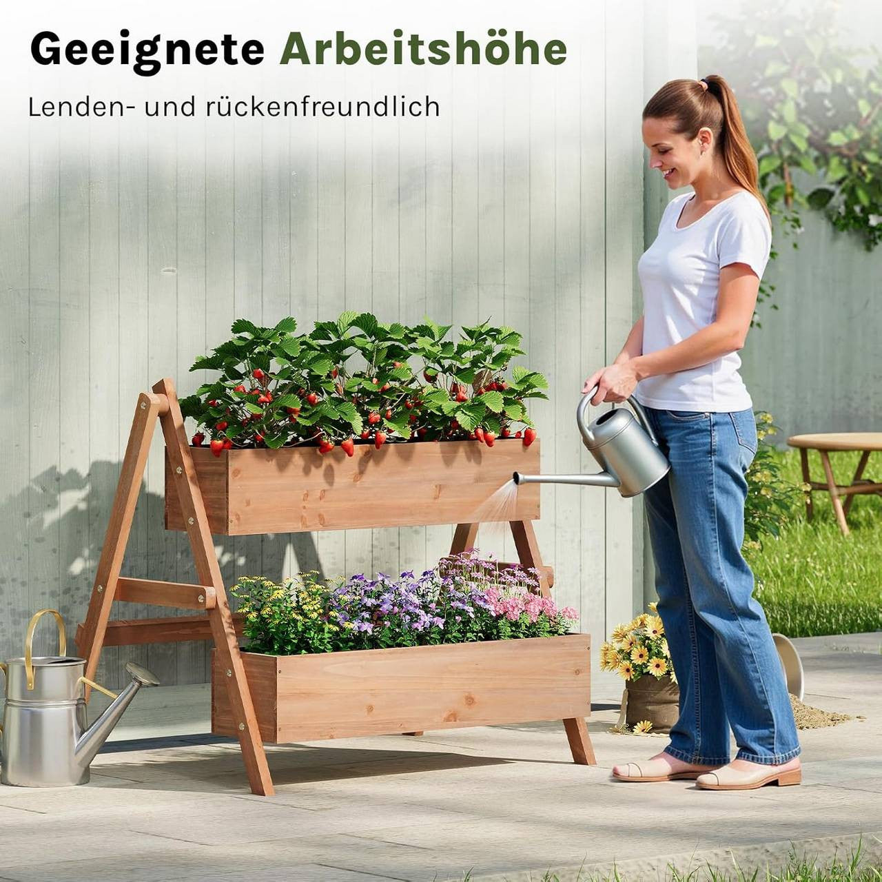 24goodz Raised Garden Bed with 2 Planter Boxes - Ergonomic Height for Easy Gardening - Solid Pine Wood - For Plant Lovers - Brown