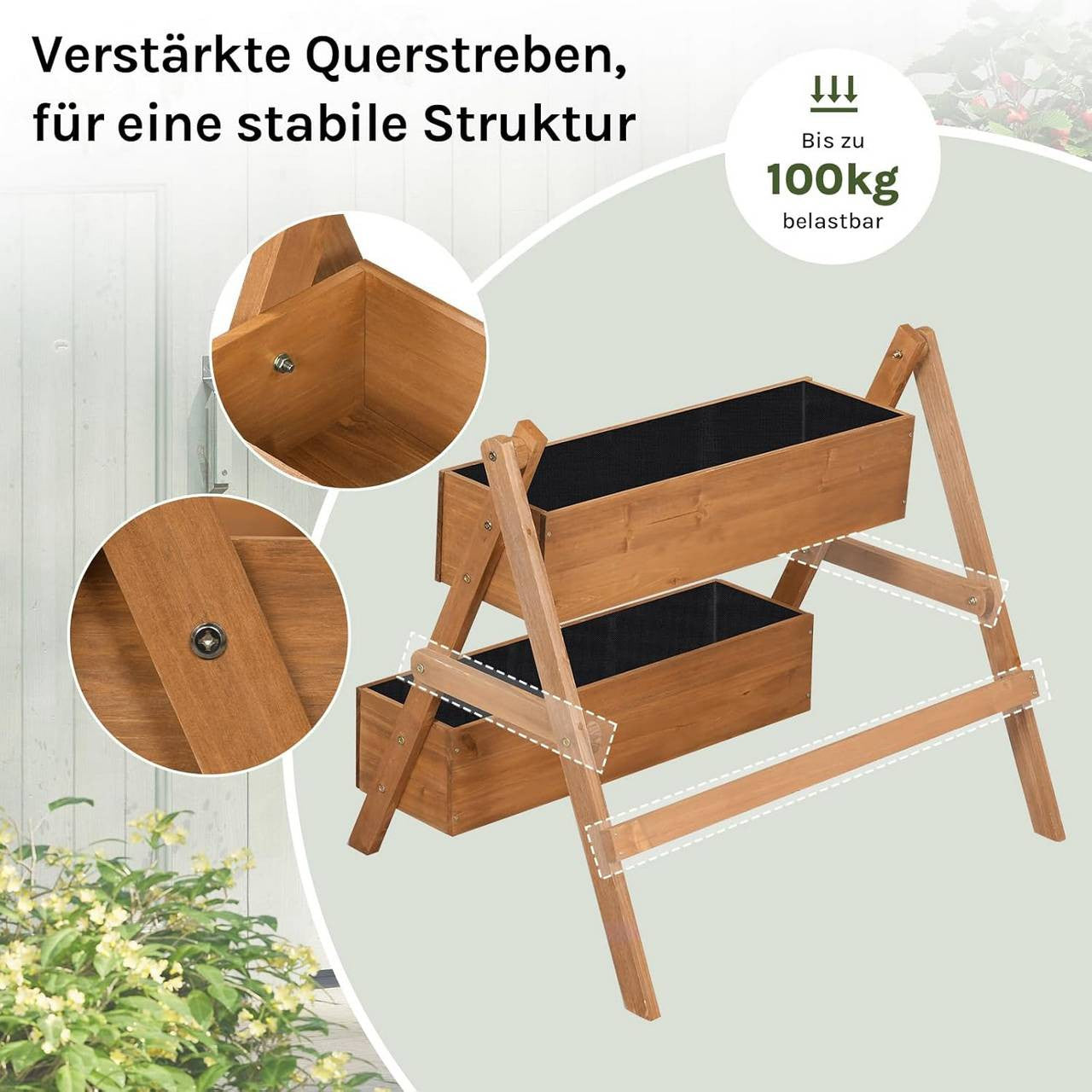 24goodz Raised Garden Bed with 2 Planter Boxes - Ergonomic Height for Easy Gardening - Solid Pine Wood - For Plant Lovers - Brown