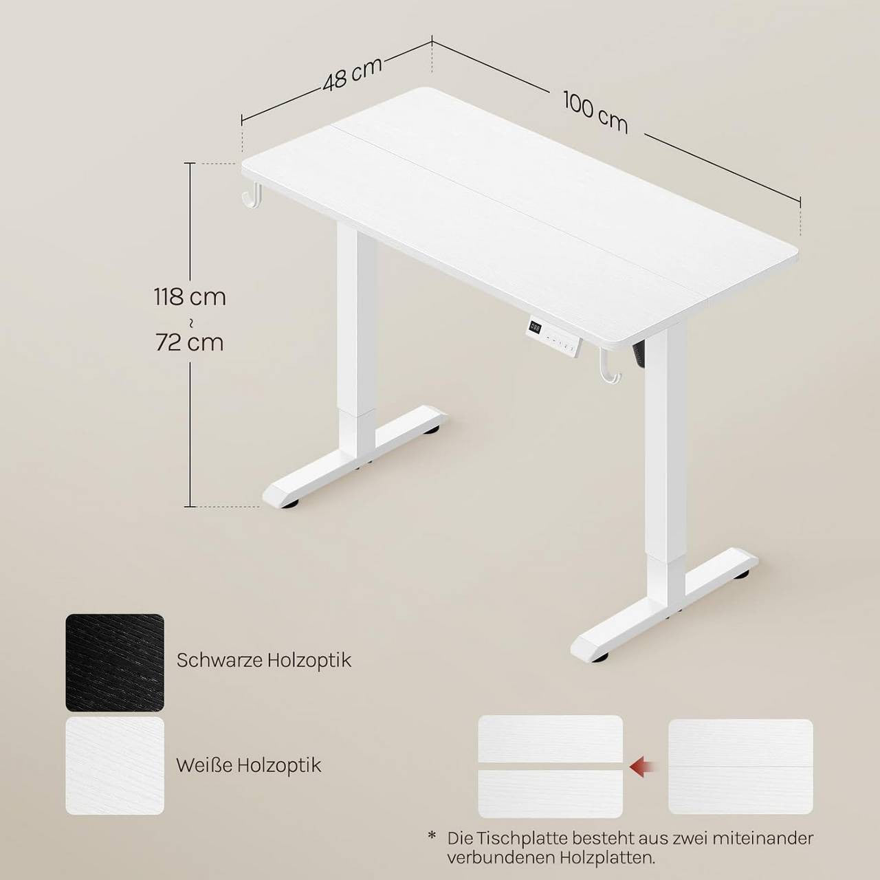 24goodz Height Adjustable Desk - Memory Function - Sturdy Steel Frame - For Home Offices - White/Black - 100 x 48 cm - wsdc