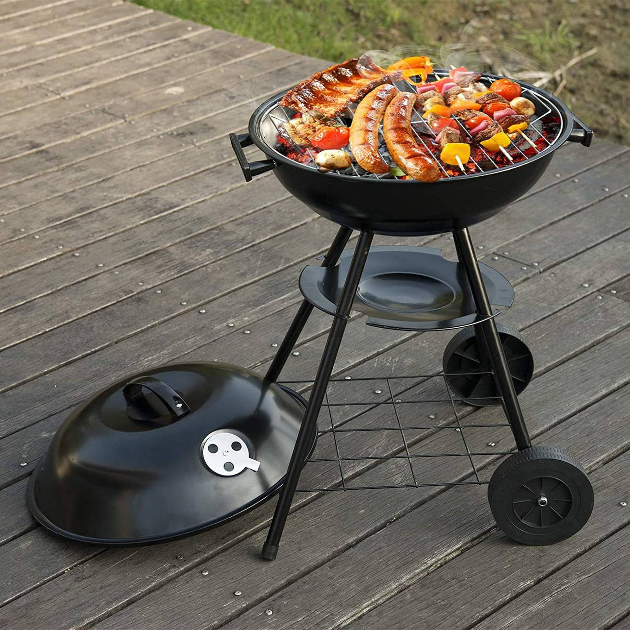 24goodz Charcoal Grill with Wheels - Mobile Design for Easy Transport - Metal and Plastic - For Outdoor Cooking Enthusiasts - 44 x 73 cm - Black - sz