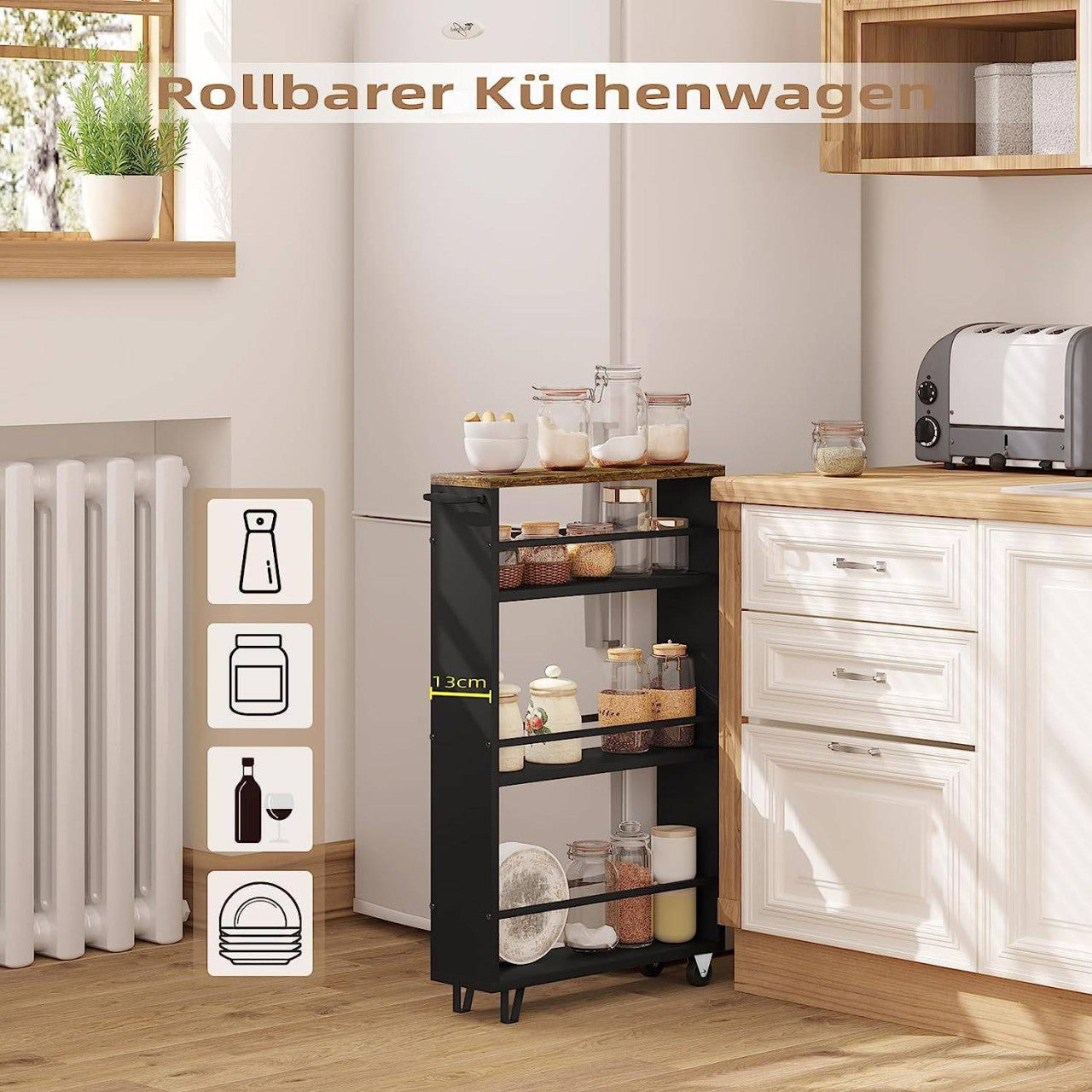 24goodz 3-Tier Serving Cart - Space-Saving Design - Durable E1 Material - For Home & Office - Vintage Brown + Black - rbs
