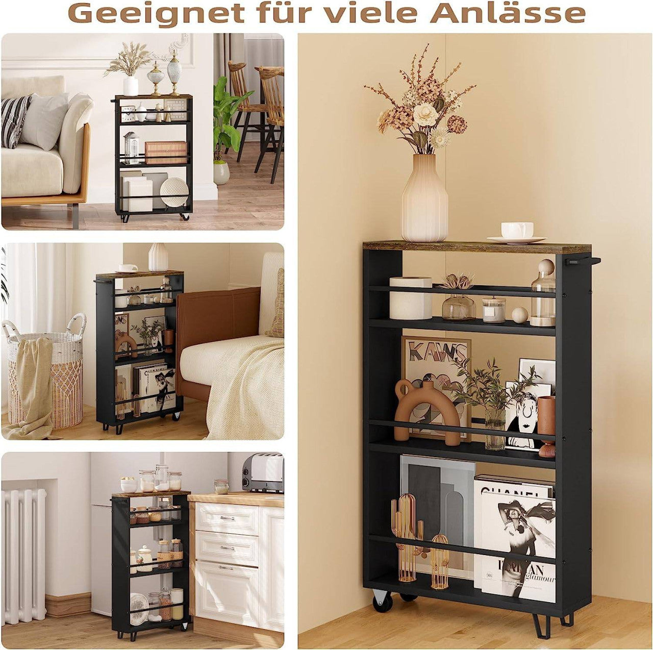 24goodz 3-Tier Serving Cart - Space-Saving Design - Durable E1 Material - For Home & Office - Vintage Brown + Black - rbs