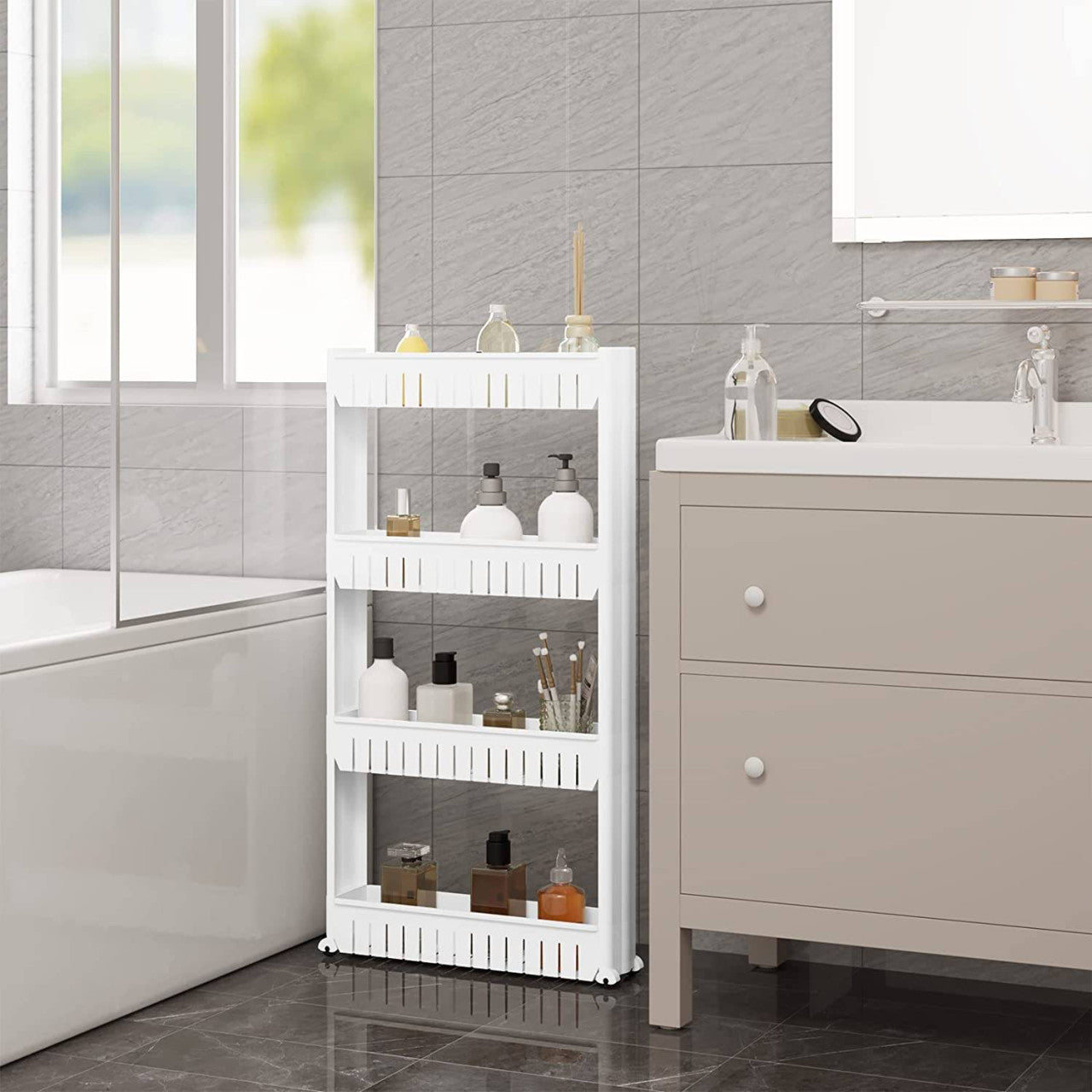 24goodz Slim Kitchen Trolley - Space-Saving Design - Versatile Use - Polypropylene - White - 13 x 102 x 54 cm - ws