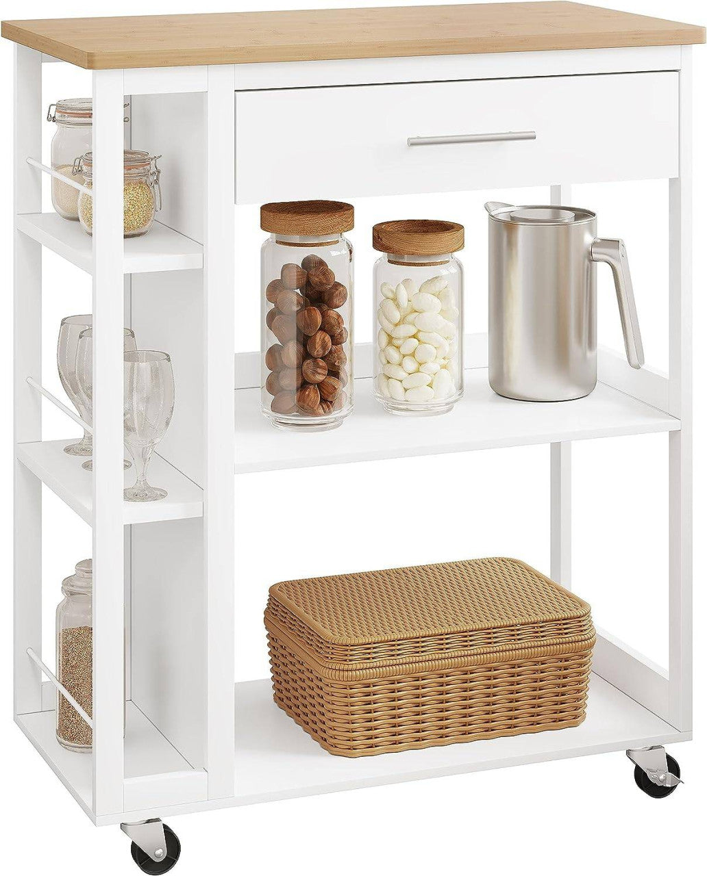 24goodz Kitchen Trolley with Worktop - Ample Storage Space - Durable MDF - For Kitchen and Living Room - White + Wood Grain