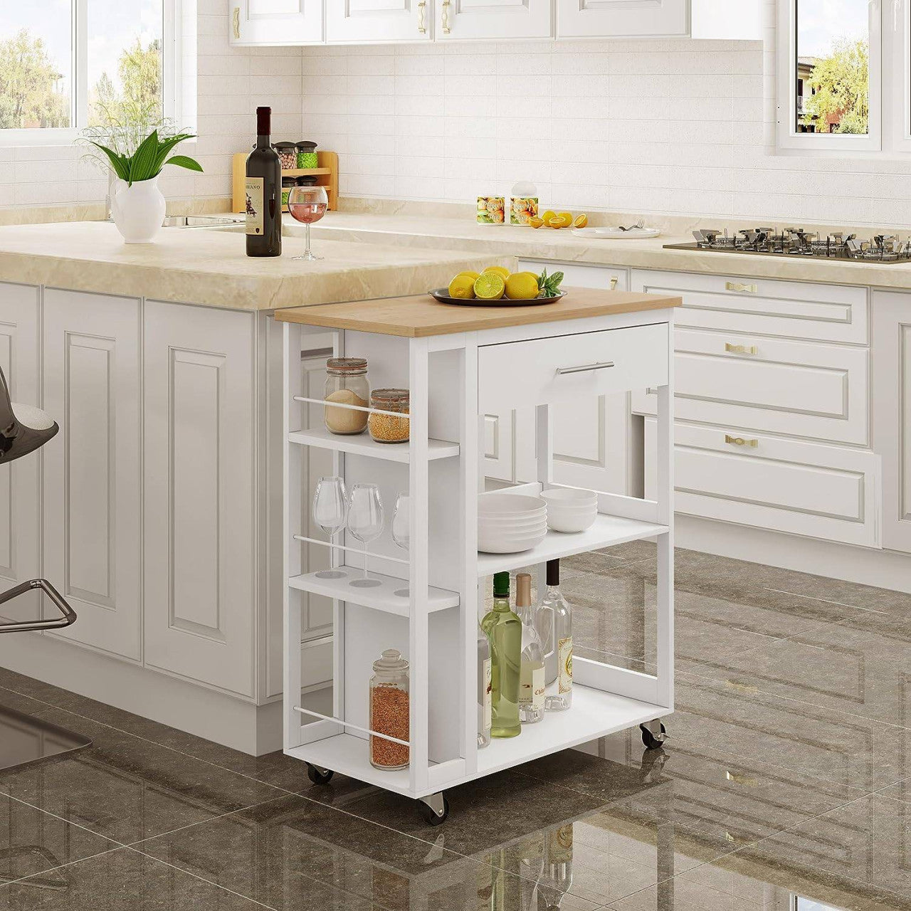 24goodz Kitchen Trolley with Worktop - Ample Storage Space - Durable MDF - For Kitchen and Living Room - White + Wood Grain