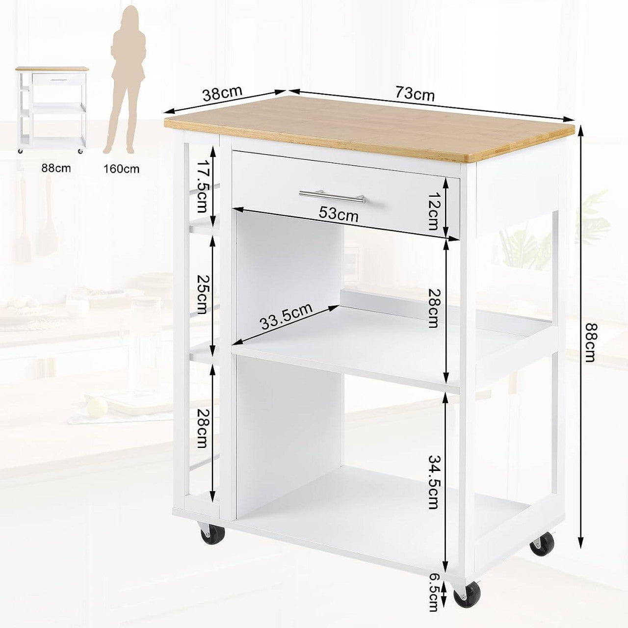24goodz Kitchen Trolley with Worktop - Ample Storage Space - Durable MDF - For Kitchen and Living Room - White + Wood Grain