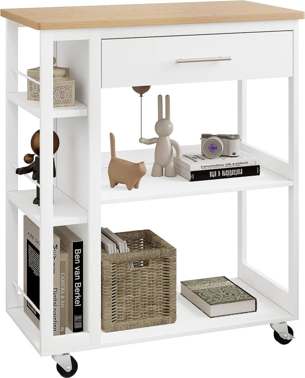 24goodz Kitchen Trolley with Worktop - Ample Storage Space - Durable MDF - For Kitchen and Living Room - White + Wood Grain