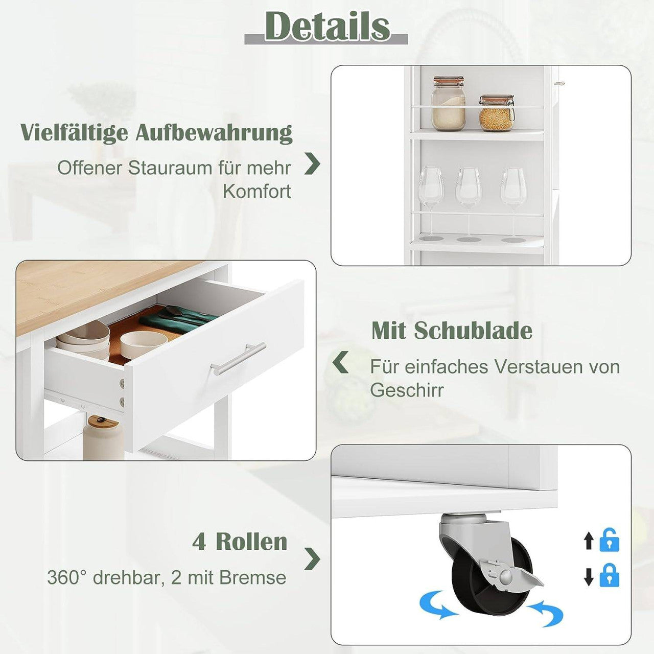 24goodz Kitchen Trolley with Worktop - Ample Storage Space - Durable MDF - For Kitchen and Living Room - White + Wood Grain