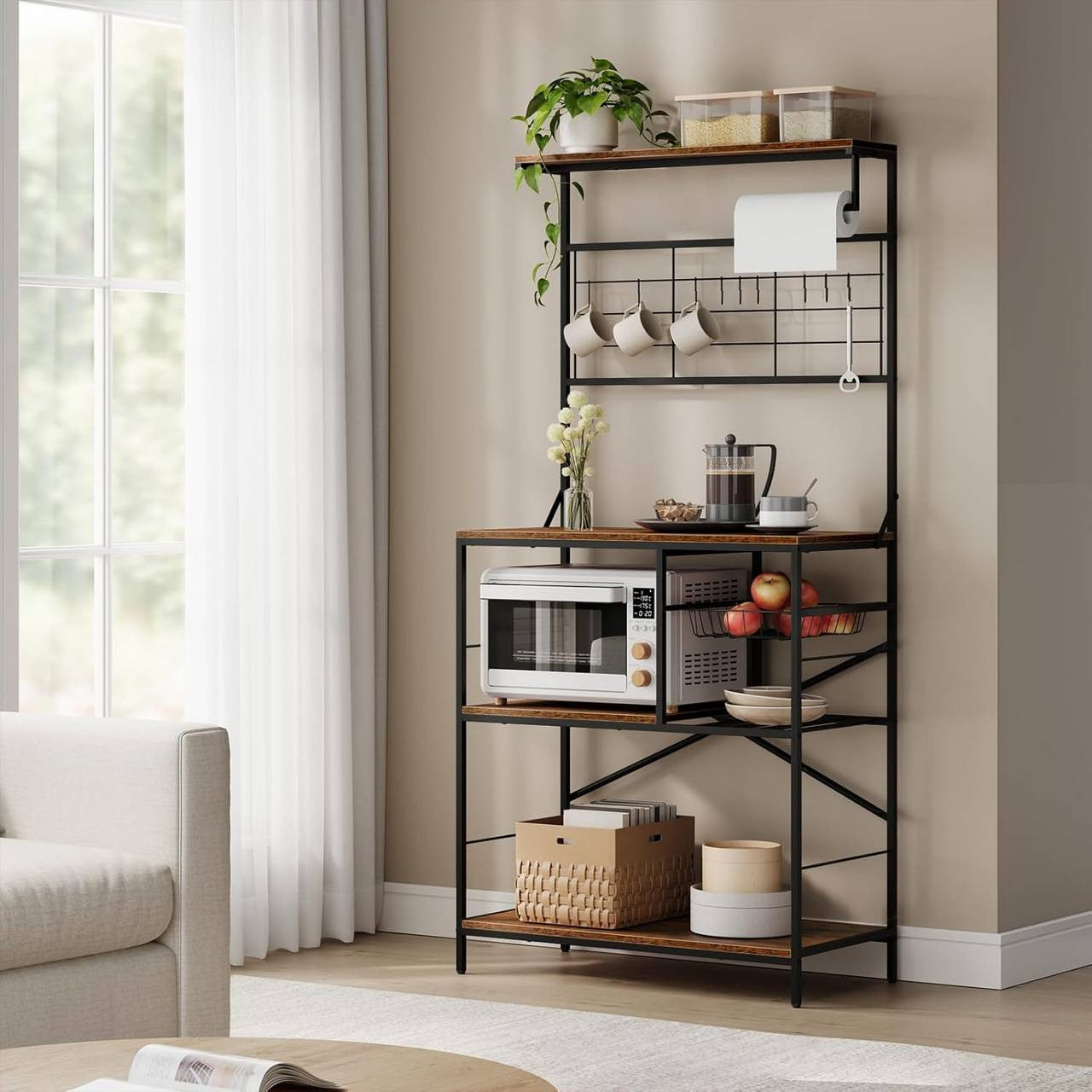 24goodz Kitchen Rack with 4 Shelves and 10 S-Hooks - Sturdy and Durable - E1-Class Particleboard and Metal - For Kitchen and Living Spaces - Rustic Brown + Black