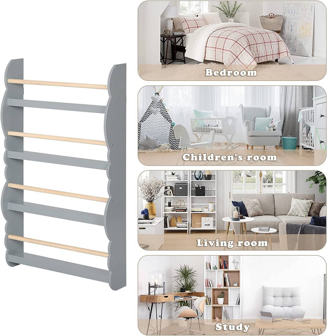 24goodz Children's Book Shelf Wall Unit - Safe and Eco-Friendly - E1 MDF and Pine Wood - For Children aged 3+ - Grey + Light Oak