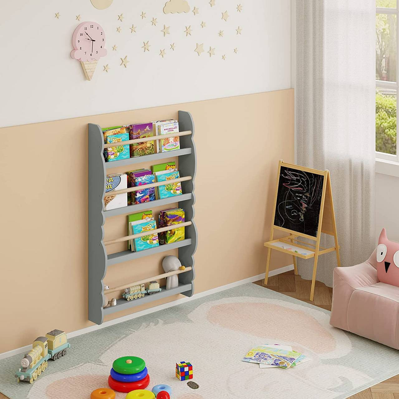 24goodz Children's Book Shelf Wall Unit - Safe and Eco-Friendly - E1 MDF and Pine Wood - For Children aged 3+ - Grey + Light Oak