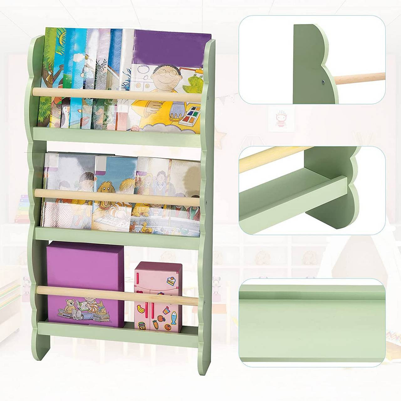 24goodz Kids Book Shelf Wall Unit - Safe and Eco-Friendly - E1 MDF and Pine Wood - For Children 3+ - Green + Light Oak