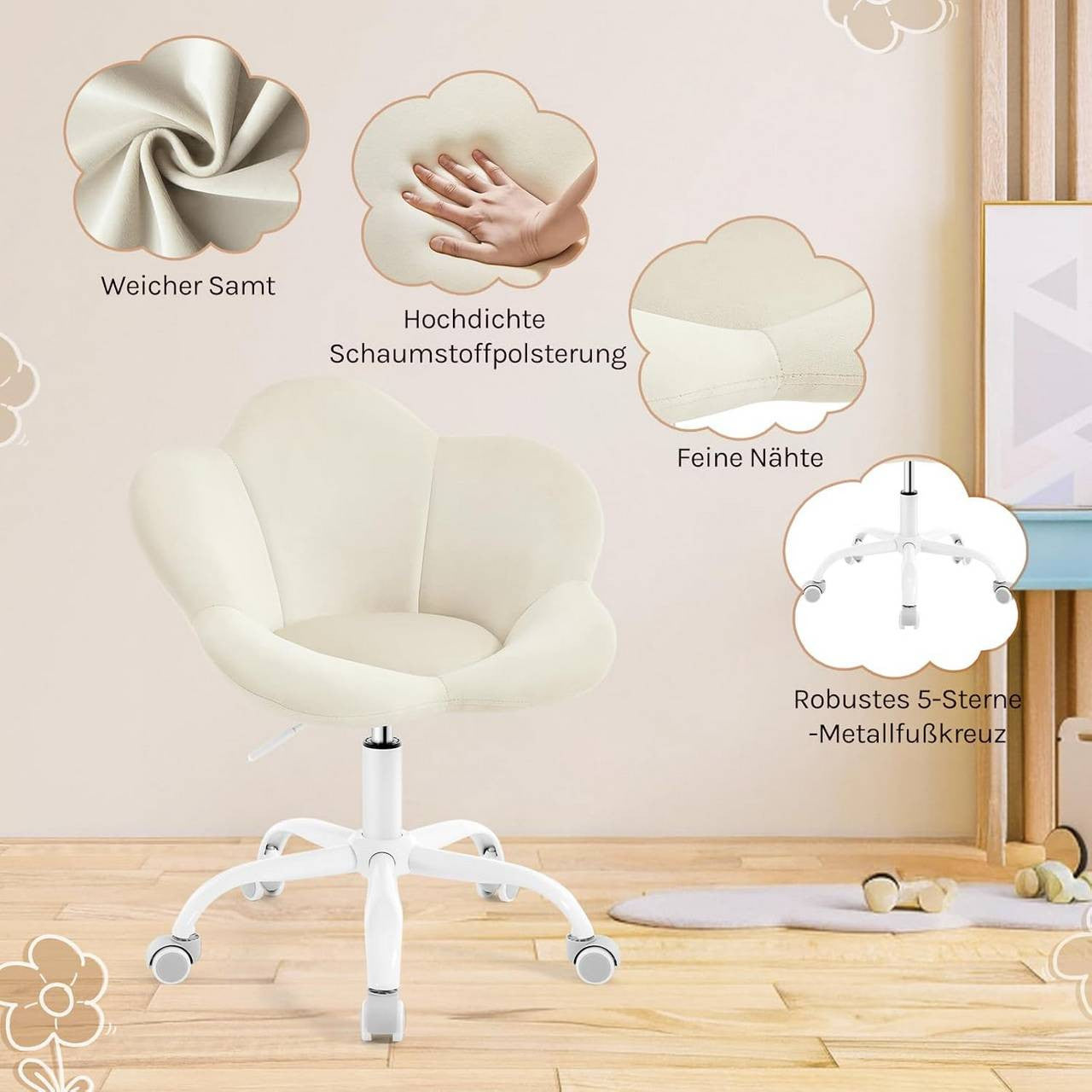 24goodz Kids Office Chair - Ergonomic Design - Height Adjustable - Velvet - For Children and Teens - Beige/Pink/Purple