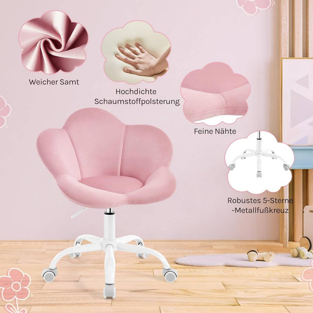 24goodz Kids Office Chair - Ergonomic Comfort - Height Adjustable - Velvet - For Children - Light Pink