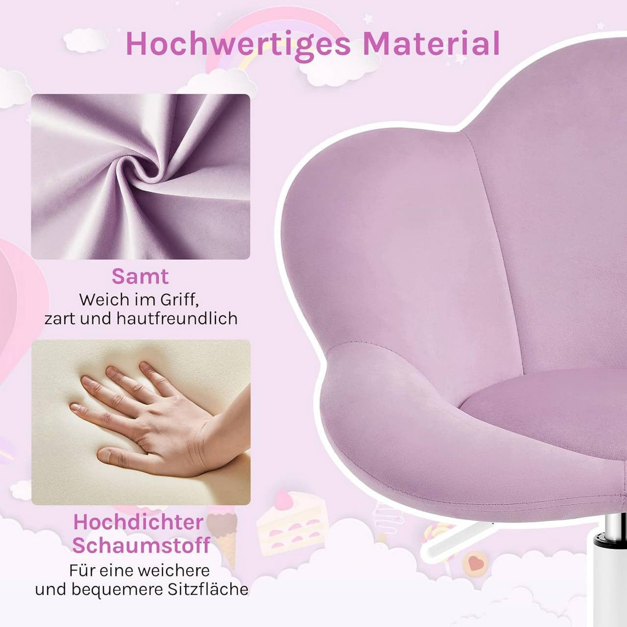24goodz Kids Office Chair - Ergonomic Design - Height Adjustable - Velvet - For Children and Teens - Light Purple