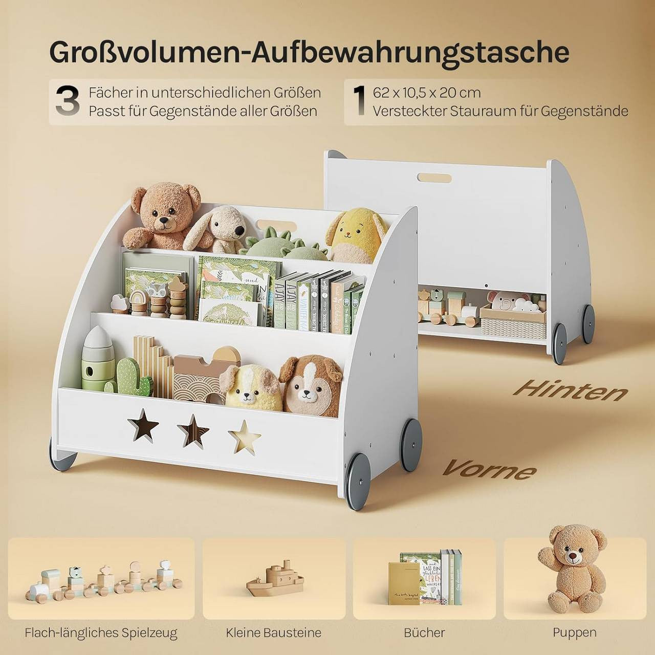 24goodz Kids Book Trolley - Safe and Eco-Friendly Design - MDF - For Children - White and Grey