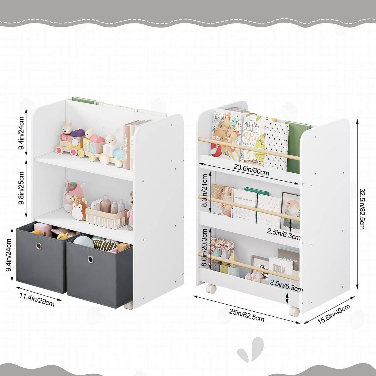 24goodz Rolling Kids Shelf - Dual-Sided Storage - Safe and Durable - MDF - For Children - White