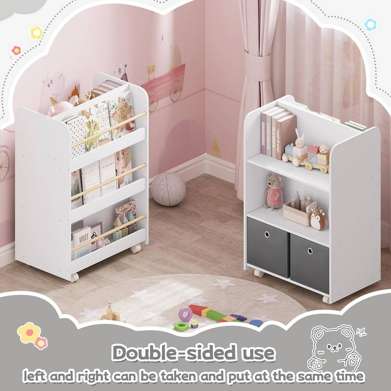 24goodz Rolling Kids Shelf - Dual-Sided Storage - Safe and Durable - MDF - For Children - White