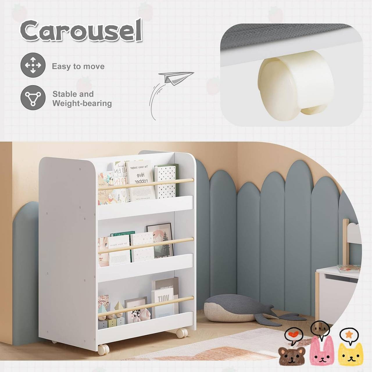24goodz Rolling Kids Shelf - Dual-Sided Storage - Safe and Durable - MDF - For Children - White