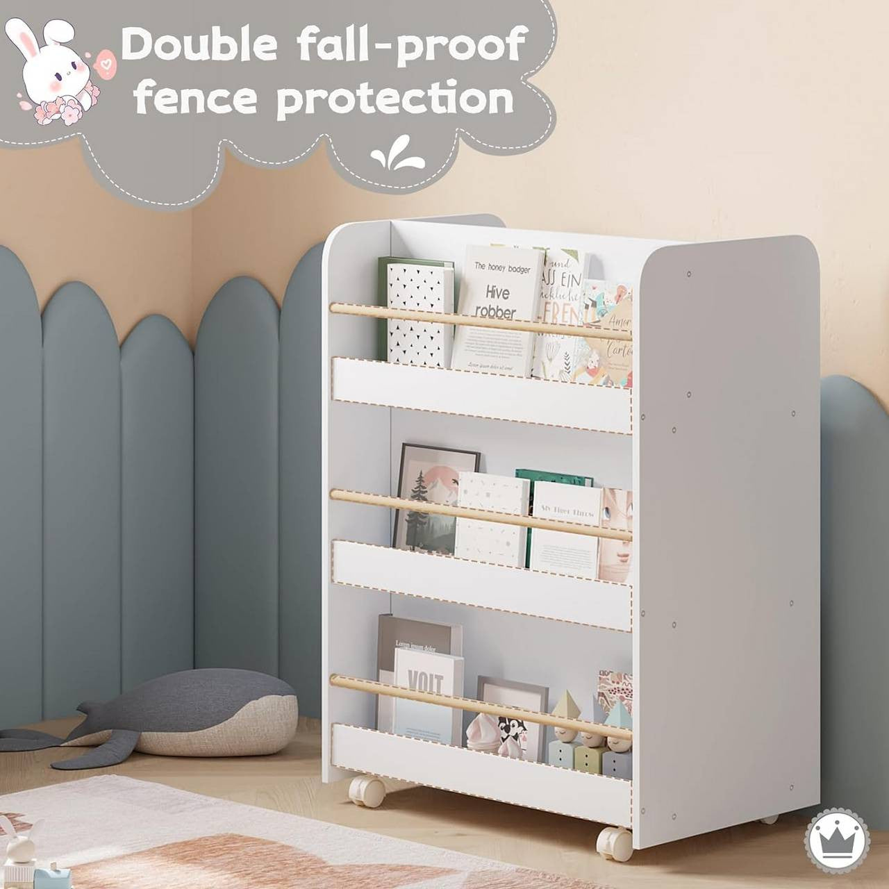 24goodz Rolling Kids Shelf - Dual-Sided Storage - Safe and Durable - MDF - For Children - White