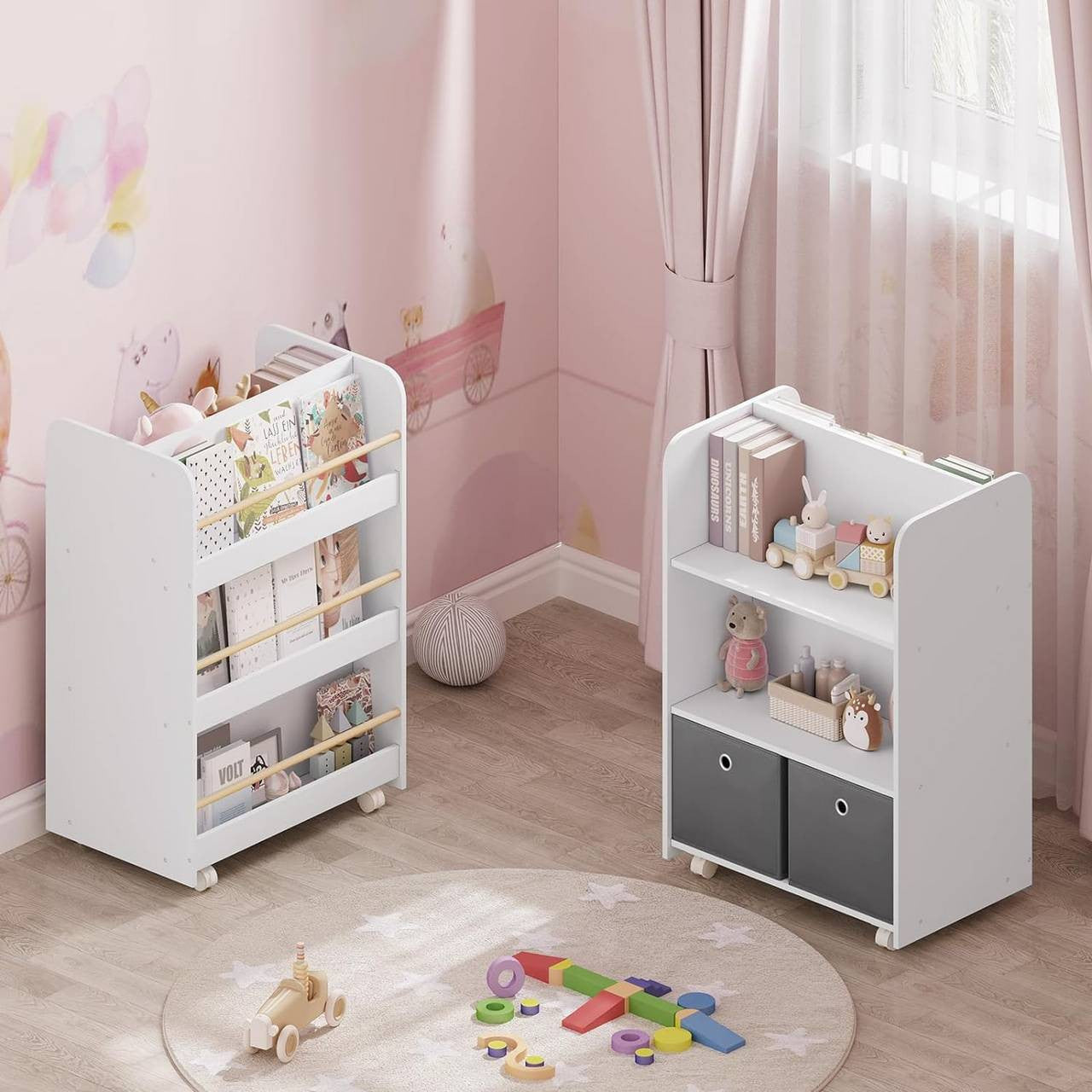 24goodz Rolling Kids Shelf - Dual-Sided Storage - Safe and Durable - MDF - For Children - White