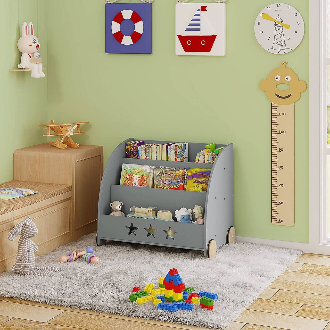 24goodz Kids Book Trolley - Safe and Eco-Friendly Design - MDF - For Children - Grey
