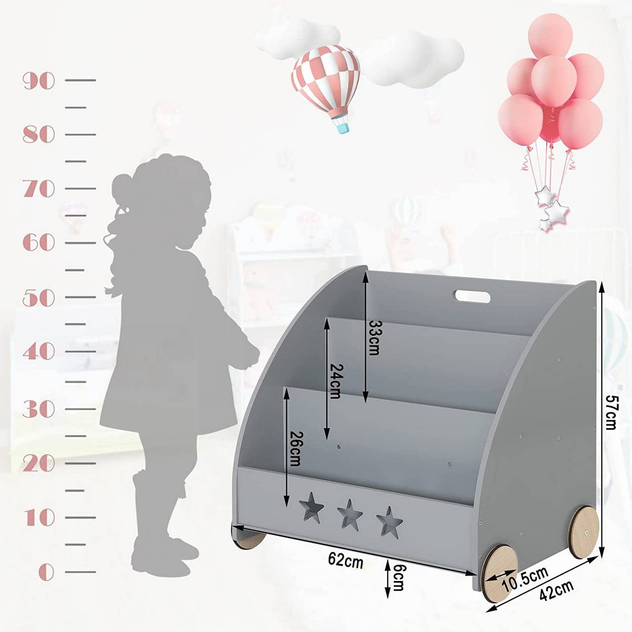 24goodz Kids Book Trolley - Safe and Eco-Friendly Design - MDF - For Children - Grey