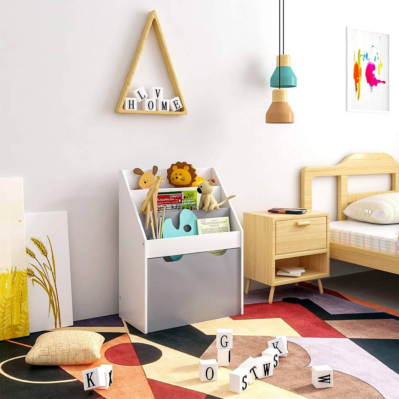 24goodz Kids Bookshelf with Toy Storage Box on Wheels - Safe and Stable Design - E1 MDF - For Children - Grey + White