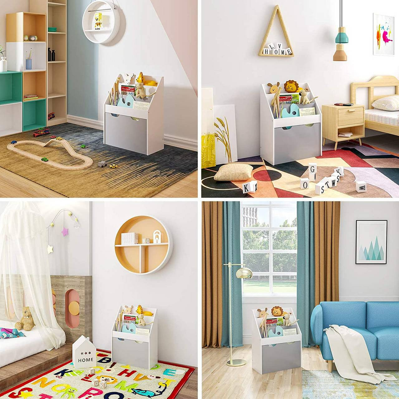 24goodz Kids Bookshelf with Toy Storage Box on Wheels - Safe and Stable Design - E1 MDF - For Children - Grey + White