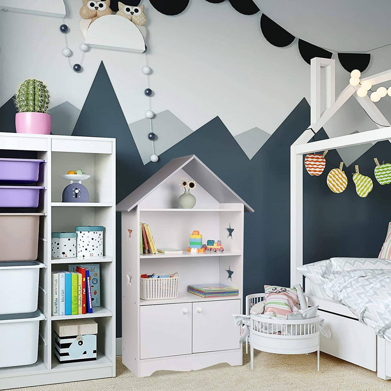 24goodz Kids Book Shelf with Doors, Stars & Roof - High-Quality MDF - Safe and Reliable Design - 28.3 x 115 x 62 cm - For Children Over 3 Years - White + Grey