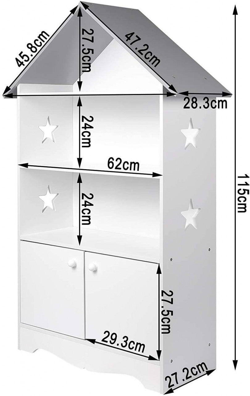 24goodz Kids Book Shelf with Doors, Stars & Roof - High-Quality MDF - Safe and Reliable Design - 28.3 x 115 x 62 cm - For Children Over 3 Years - White + Grey
