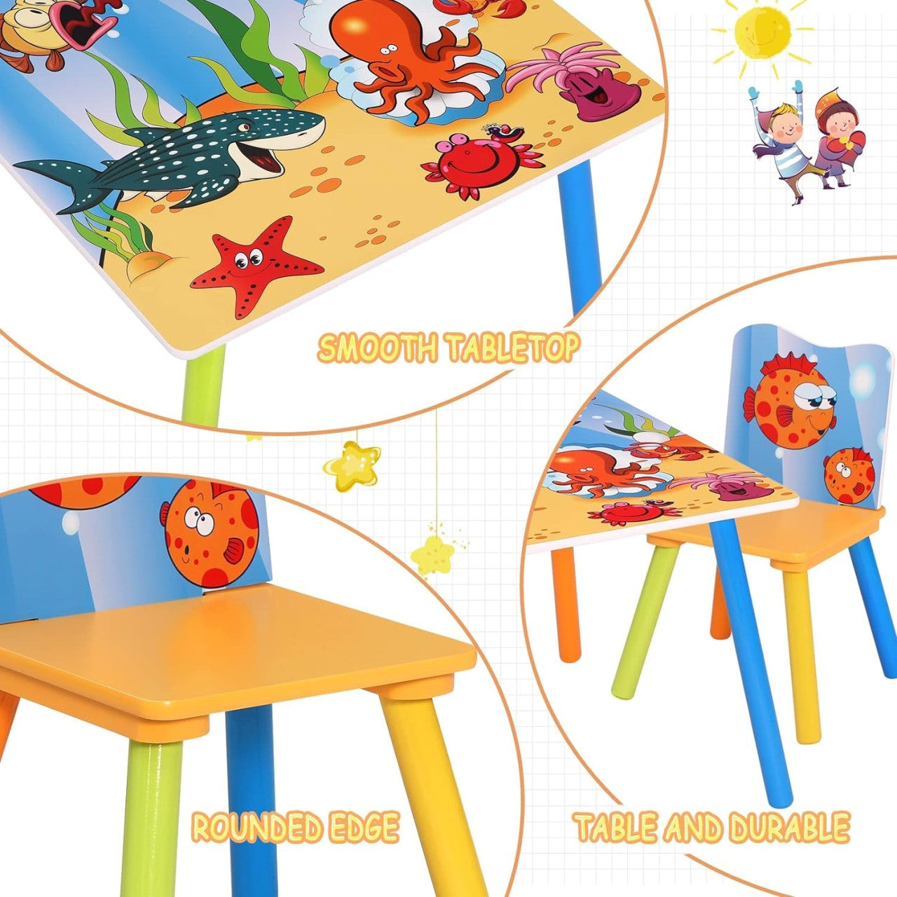 24goodz Kids Table with 2 Chairs - Solid and Stable - Attractive Ocean Design - MDF - For Children - Table: 60x60x44 cm