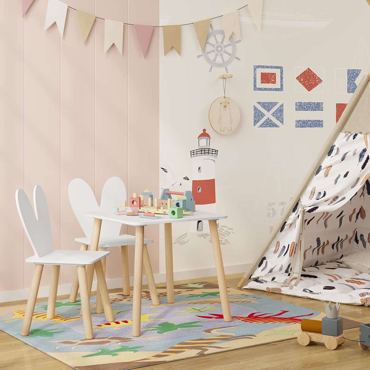 24goodz Kids Table and Chair Set - Encourages Creativity - Safe Design - MDF and Solid Wood - For Children - White