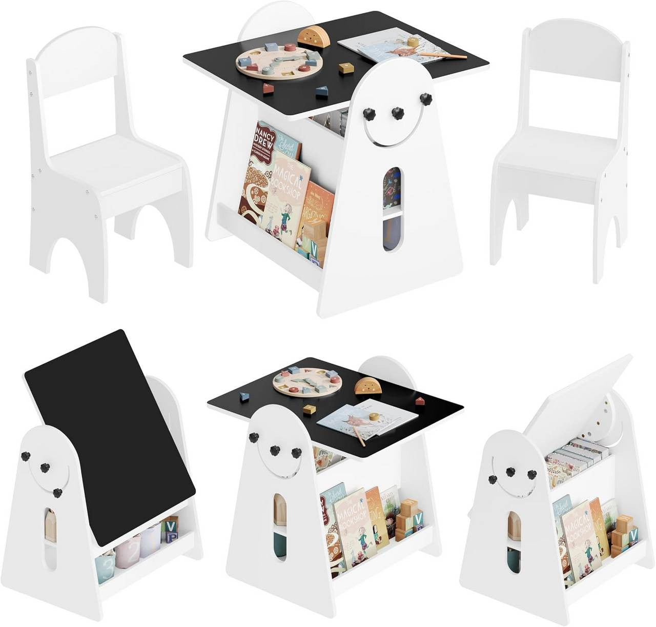 24goodz Kids Table with 2 Chairs - Multifunctional Design - Spacious Storage - MDF - For Children - White + Black