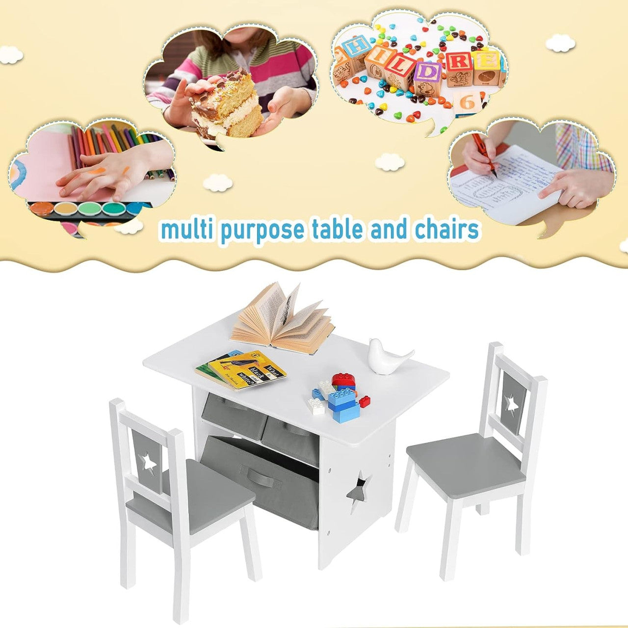 24goodz Kids Table and 2 Chairs Set - Fun Star Pattern - Safe and Durable - MDF - For Children - White + Grey