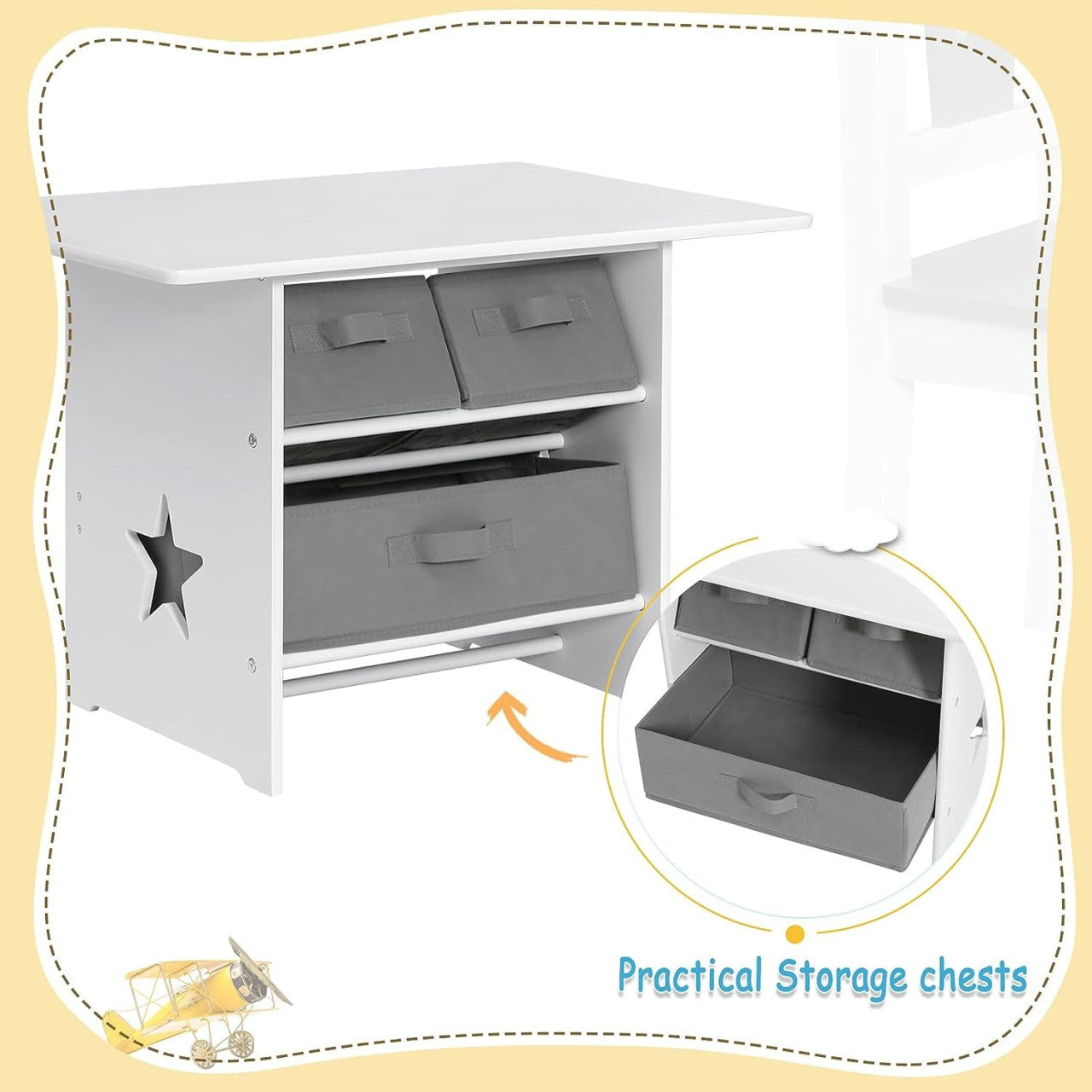 24goodz Kids Table and 2 Chairs Set - Fun Star Pattern - Safe and Durable - MDF - For Children - White + Grey