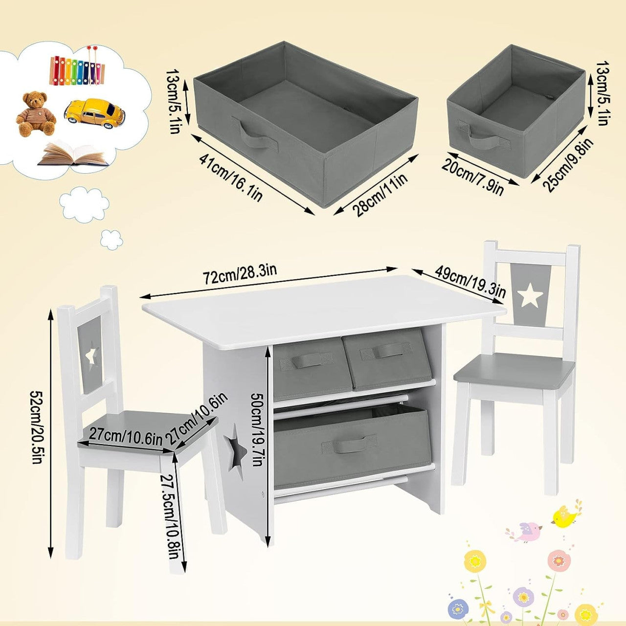 24goodz Kids Table and 2 Chairs Set - Fun Star Pattern - Safe and Durable - MDF - For Children - White + Grey
