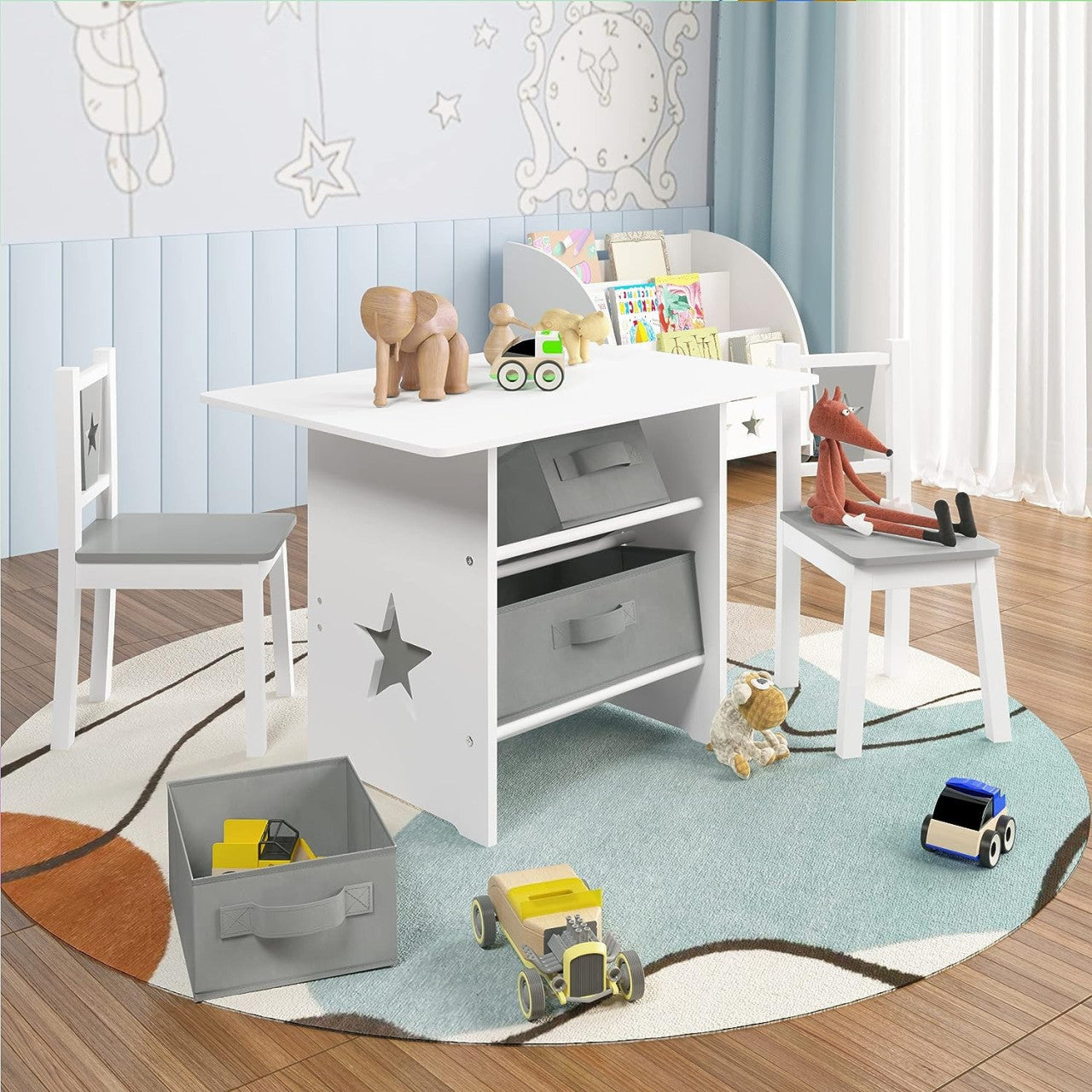 24goodz Kids Table and 2 Chairs Set - Fun Star Pattern - Safe and Durable - MDF - For Children - White + Grey