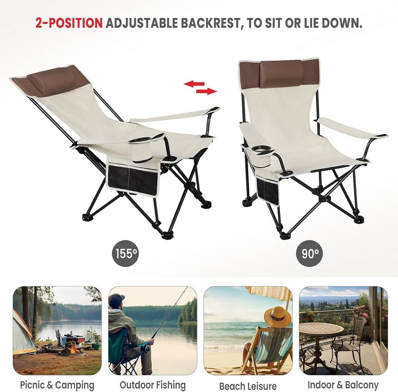 24goodz Lightweight Folding Camping Chair - Durable and Tear-Resistant - 600D Oxford Fabric - For Outdoor Enthusiasts - Beige