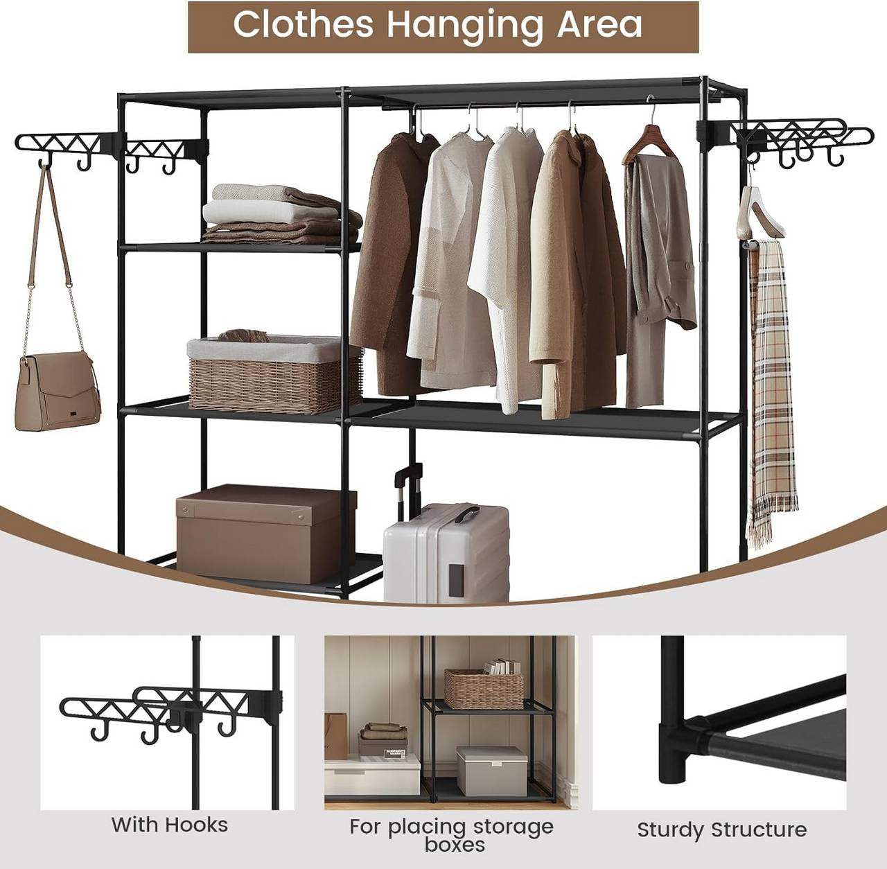 24goodz Open Wardrobe - Excellent Storage Capacity - Sturdy and Durable - Metal and Non-Woven Fabric - Black - 148 x 166 x 42.5 cm