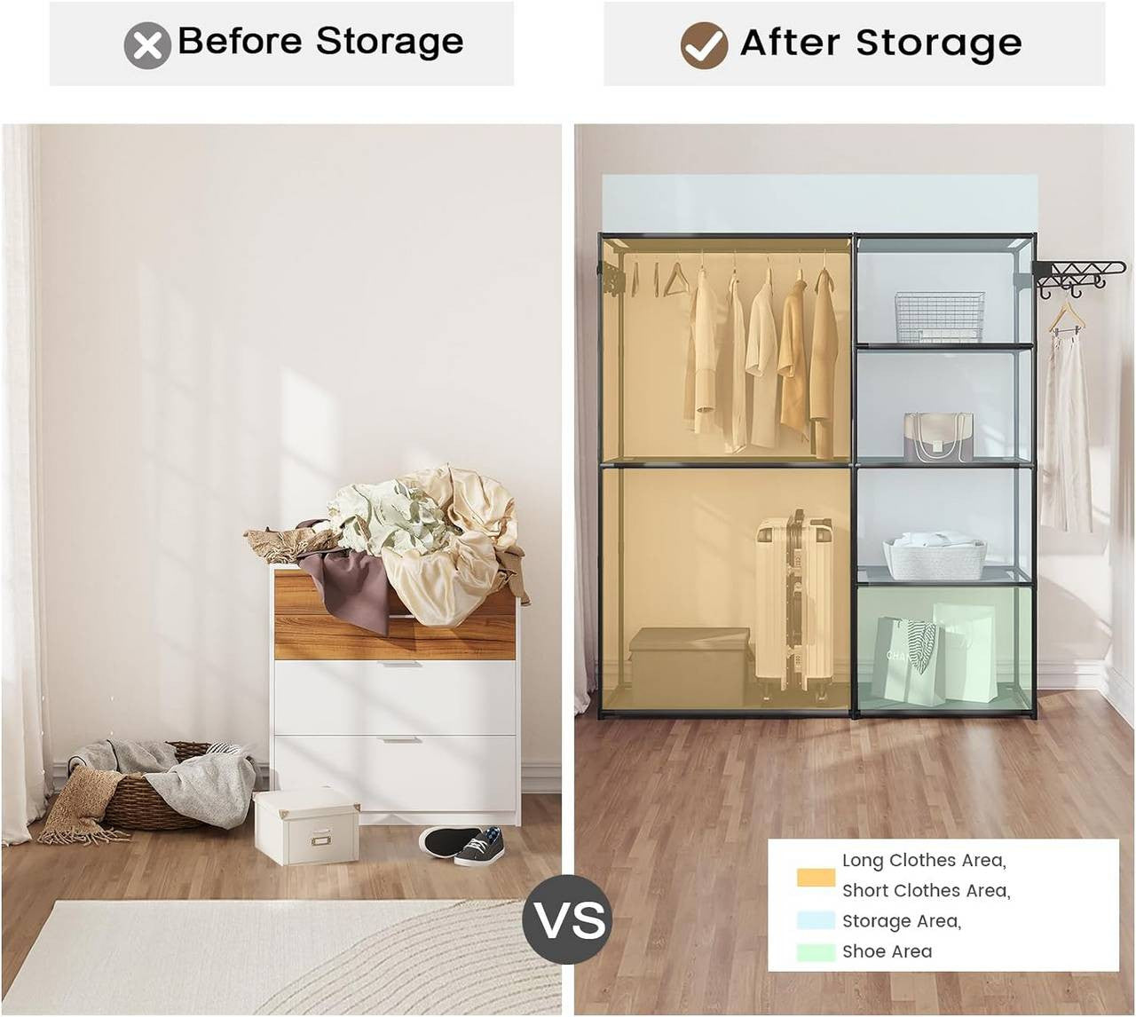24goodz Open Wardrobe - Excellent Storage Capacity - Sturdy and Durable - Metal and Non-Woven Fabric - Black - 148 x 166 x 42.5 cm