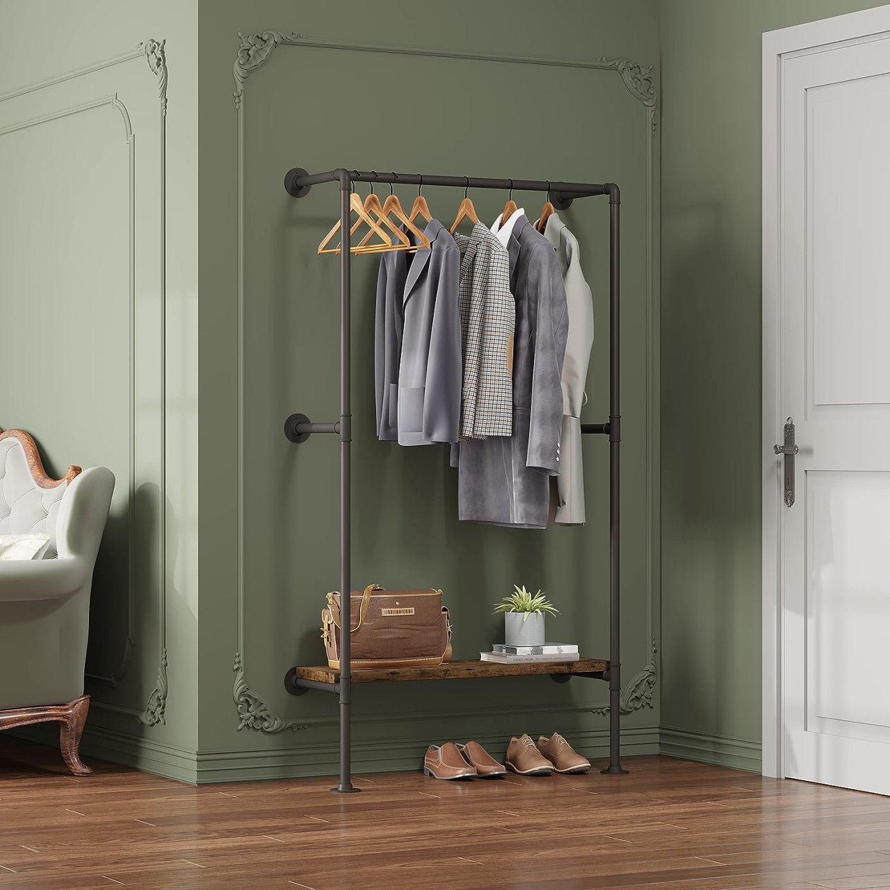 24goodz Corner Coat Rack with Shelves - Space-Saving Design - Scratch-Resistant - Metal and MDF - Black + Vintage Wood Grain - 35 x 187.5 x 184 cm