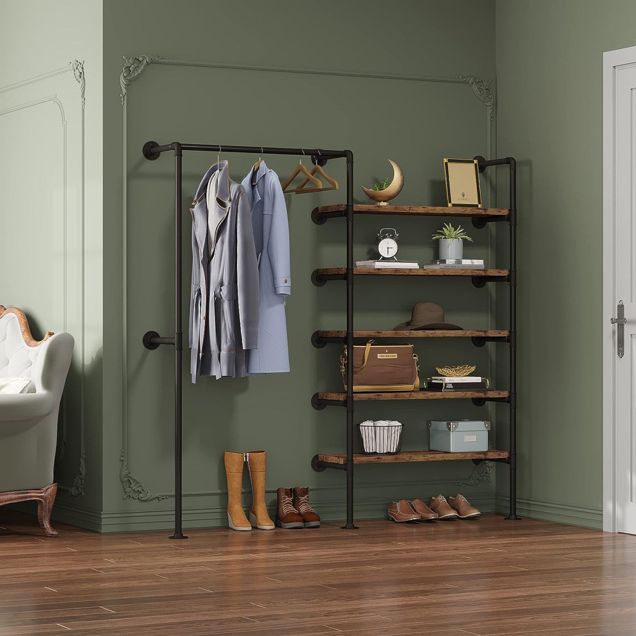 24goodz Corner Coat Rack with Shelves - Space-Saving Design - Scratch-Resistant - Metal and MDF - Black + Vintage Wood Grain - 35 x 187.5 x 184 cm