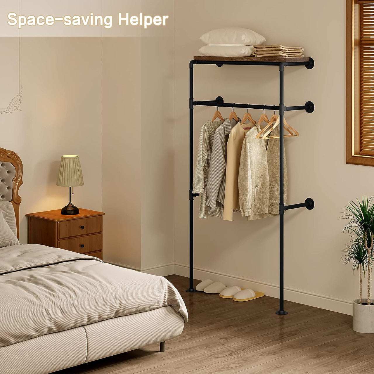 24goodz Corner Coat Rack with Shelves - Space-Saving Design - Scratch-Resistant - Metal and MDF - Black + Vintage Wood Grain - 35 x 187.5 x 184 cm